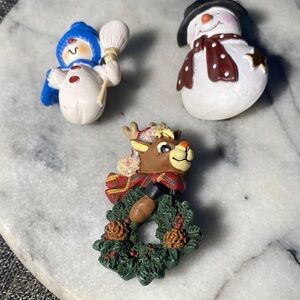 Festive Reindeer and Snowman Figurine Brooches